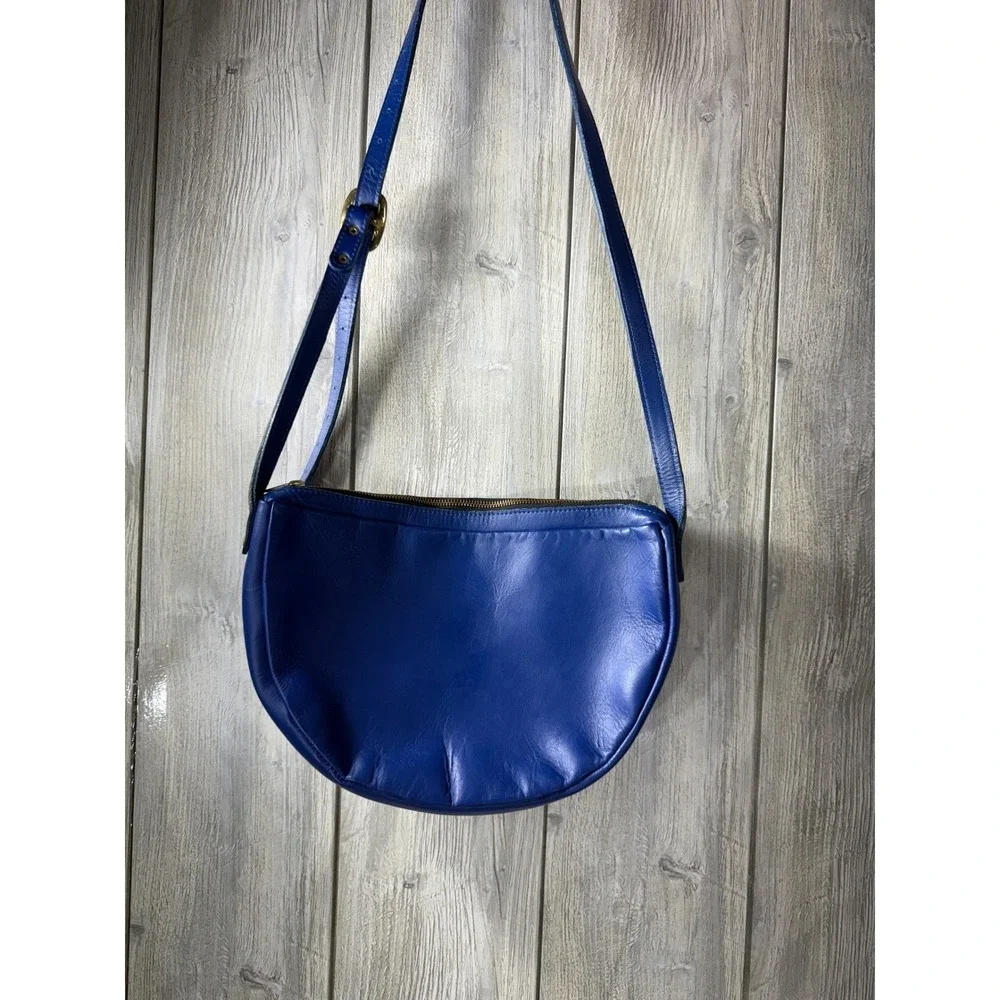 Directive Cobalt Blue Leather Half Moon Crossbody Bag Adjustable Strap Brass